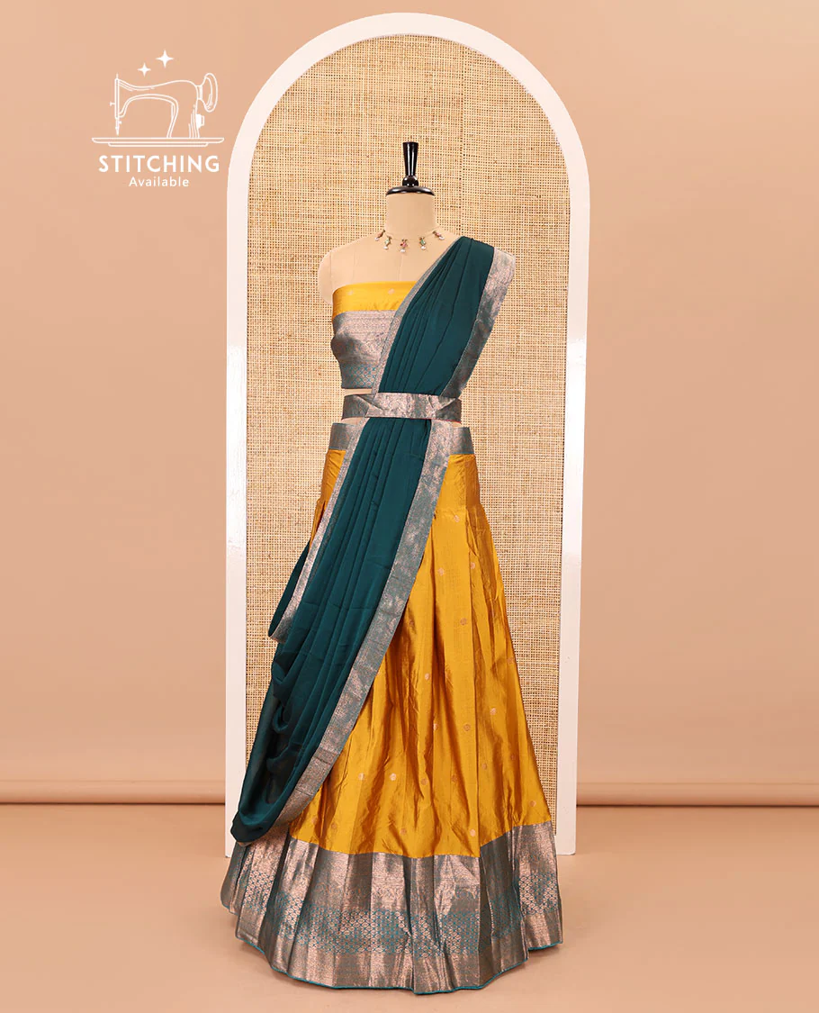 Mustard-rama taffeta half-saree, zari buttas with contrast traditional zari bordered skirt, a matching blouse, and contrast zari border dhavani with belt - Image 3