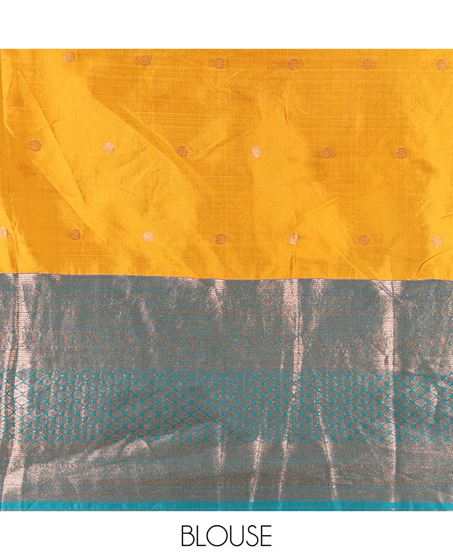 Mustard-rama taffeta half-saree, zari buttas with contrast traditional zari bordered skirt, a matching blouse, and contrast zari border dhavani with belt - Image 4