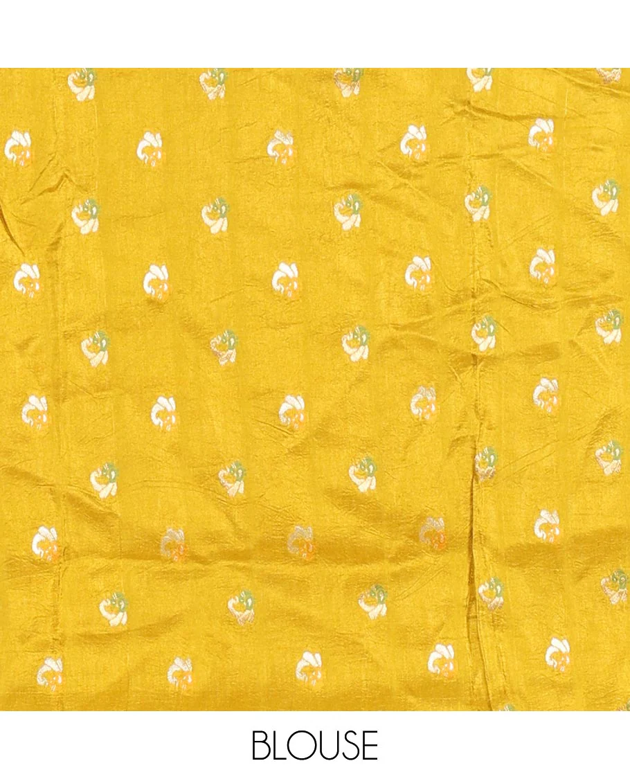 Mustard Russian Silk Saree Featuring Double-Sided Plain and Central Zari Elephant Motifs Weave, Accentuated by a Subtle Traditional Zari Border, Enhanced with a Zari-Designed Pallu, and Paired with a Blouse Depicting Meenakari Peacocks - Image 3