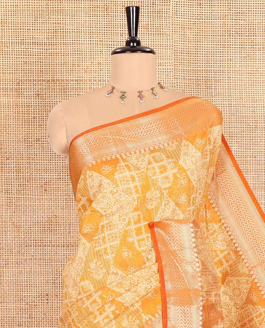 Mustard Semi-Tussar Saree Meticulously Crafted with Floral-Enclosed Diamond Patterns Printed Across the Body, Featuring a Subtly Woven Border with Traditional Zari Designs, and a Pallu Elevated with Zari Stripes, Paired with a Matching Blouse - Image 2