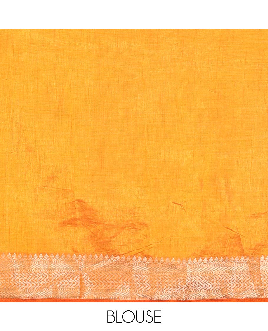 Mustard Semi-Tussar Saree Meticulously Crafted with Floral-Enclosed Diamond Patterns Printed Across the Body, Featuring a Subtly Woven Border with Traditional Zari Designs, and a Pallu Elevated with Zari Stripes, Paired with a Matching Blouse - Image 3