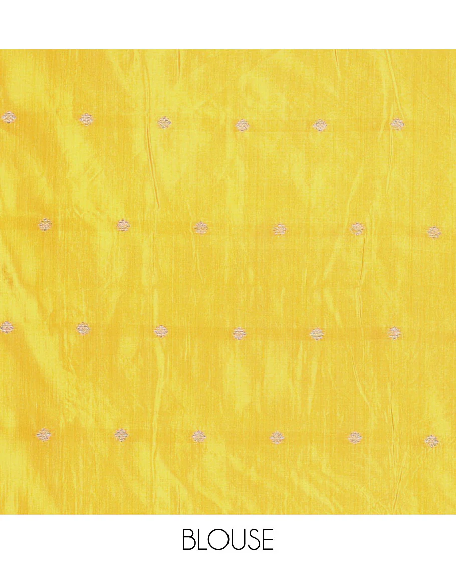 Mustard Semi-Tussar Saree Subtly Woven With Floral Zari Buttas, Featuring a Geometric-Patterned Zari Border, Adorned With a Butta-Enclosed Checked Pallu, and a Matching Blouse - Image 3