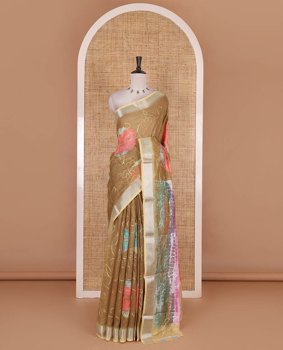 Mustard shibori printed with thread floral vine embroidered linen cotton saree, contrast bavanji border, pallu, and blouse of shibori print with embroidery - Image 2
