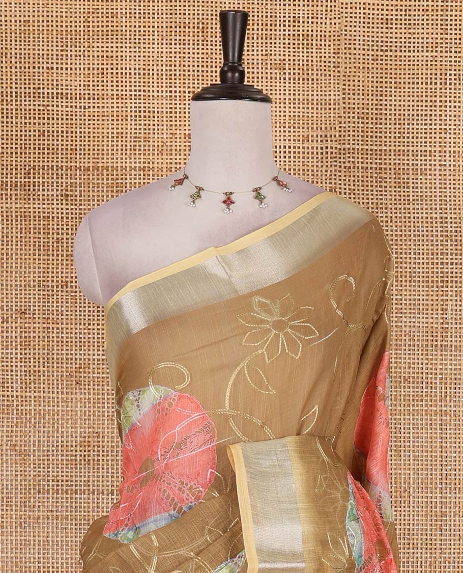 Mustard shibori printed with thread floral vine embroidered linen cotton saree, contrast bavanji border, pallu, and blouse of shibori print with embroidery - Image 3