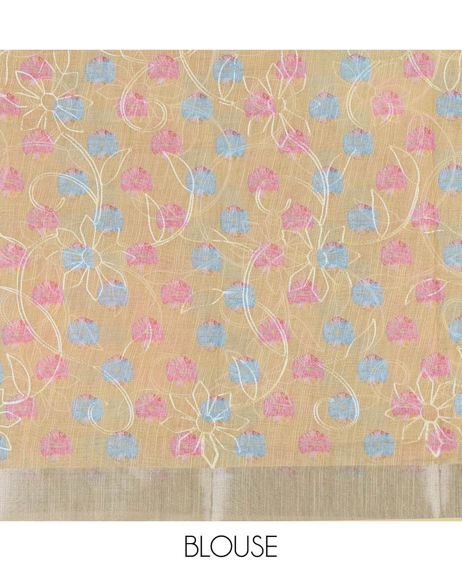 Mustard shibori printed with thread floral vine embroidered linen cotton saree, contrast bavanji border, pallu, and blouse of shibori print with embroidery - Image 4