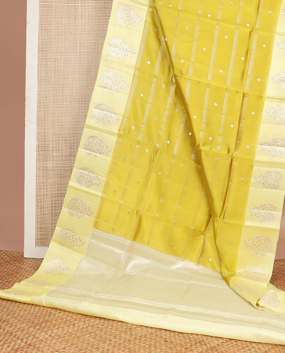 Mustard striped, motifs raw mango silk saree with self floral design border & checked design pallu - Image 3