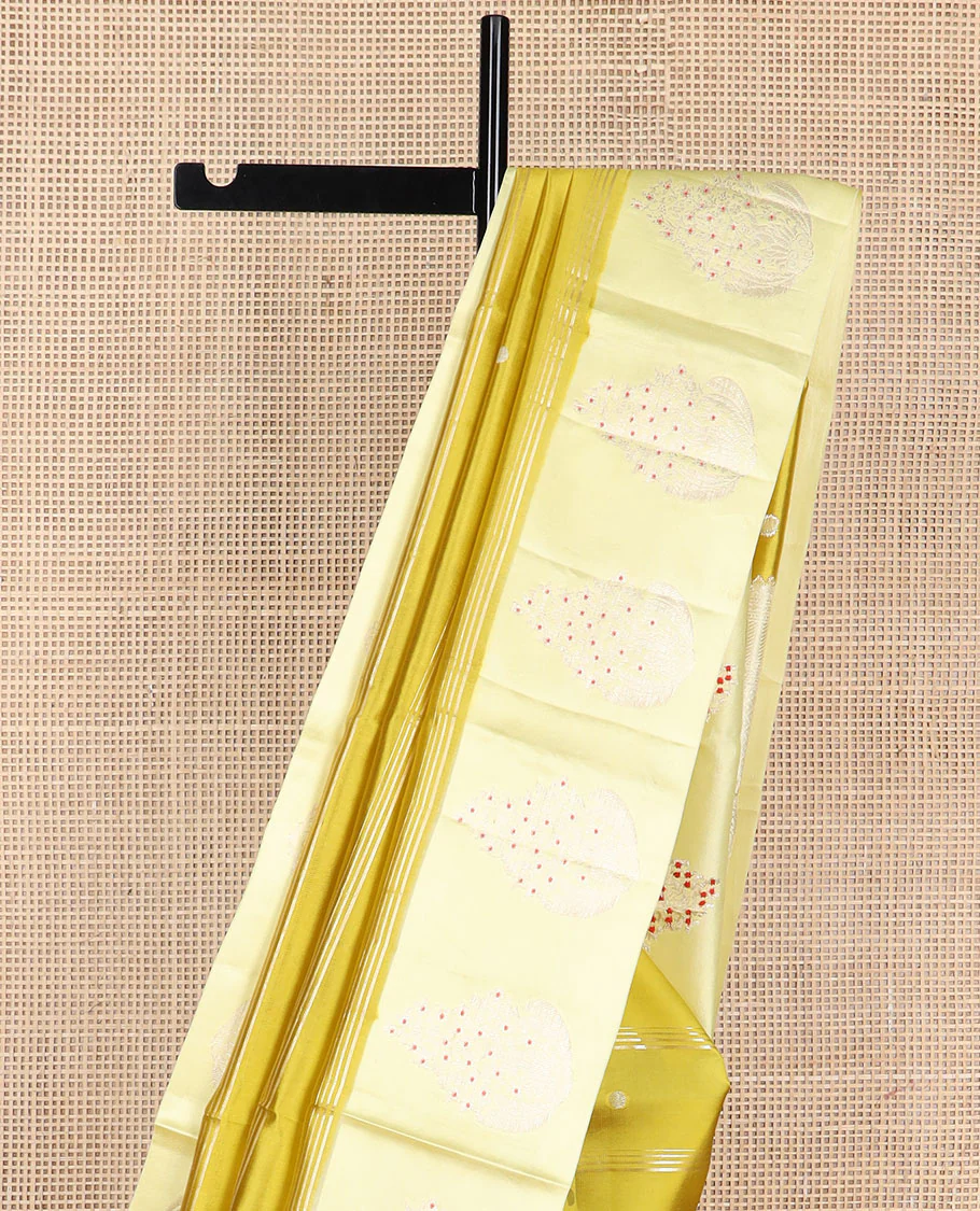 Mustard striped, motifs raw mango silk saree with self floral design border & checked design pallu - Image 4