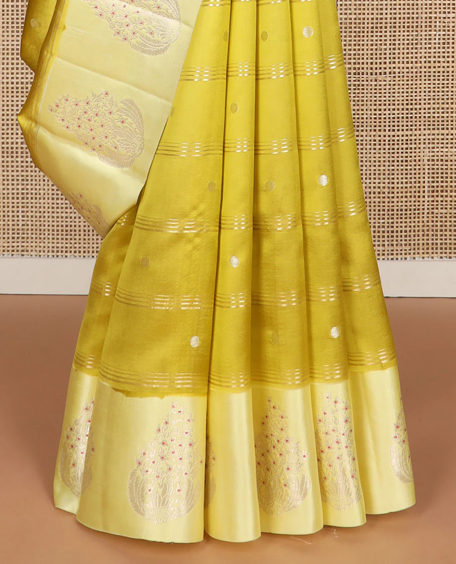 Mustard striped, motifs raw mango silk saree with self floral design border & checked design pallu - Image 5