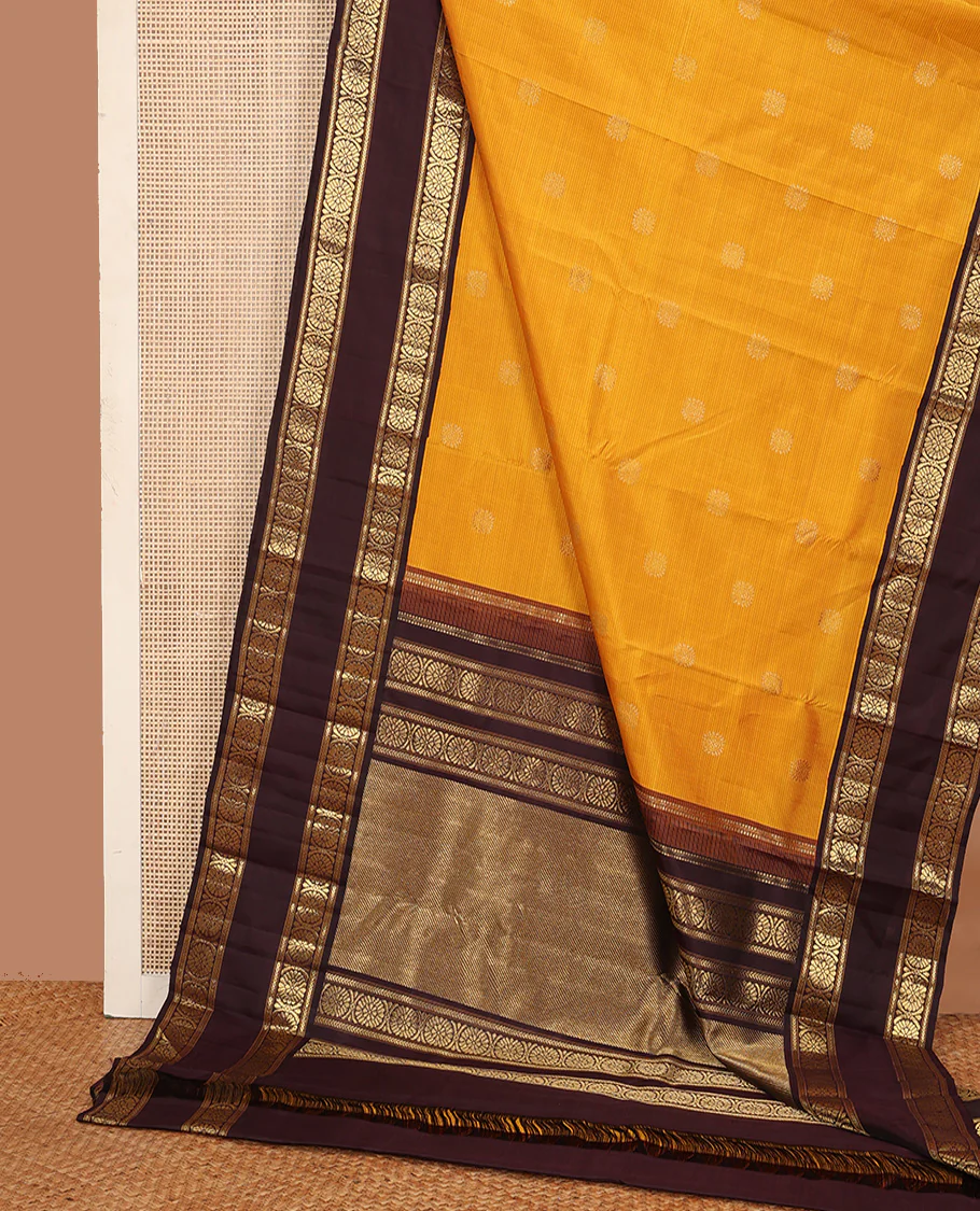 Mustard striped with chakram motifs Kanchipuram silk saree, contrast rettai pettu zari border of kathir, and poo chakram designs - Image 5