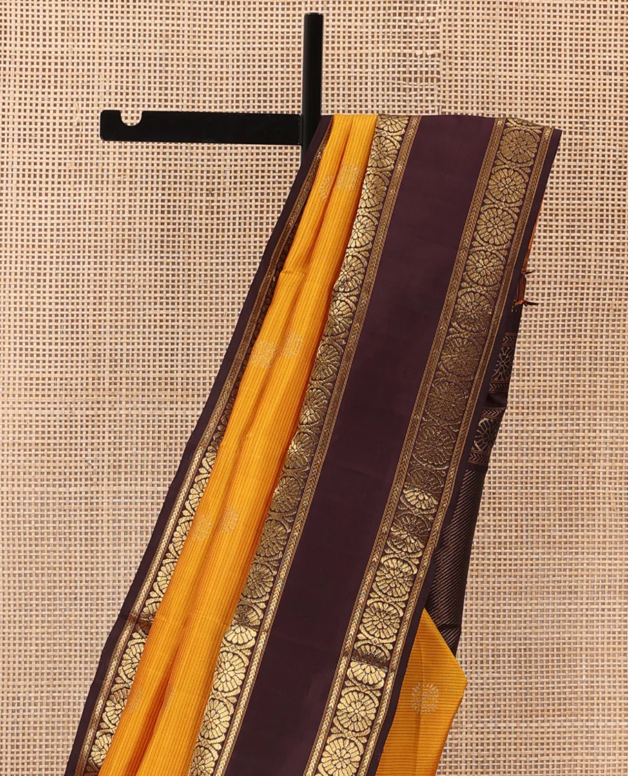 Mustard striped with chakram motifs Kanchipuram silk saree, contrast rettai pettu zari border of kathir, and poo chakram designs - Image 6
