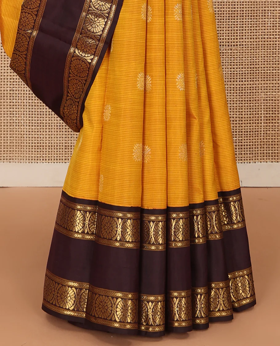 Mustard striped with chakram motifs Kanchipuram silk saree, contrast rettai pettu zari border of kathir, and poo chakram designs - Image 7