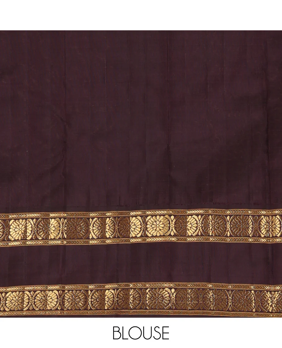 Mustard striped with chakram motifs Kanchipuram silk saree, contrast rettai pettu zari border of kathir, and poo chakram designs - Image 8
