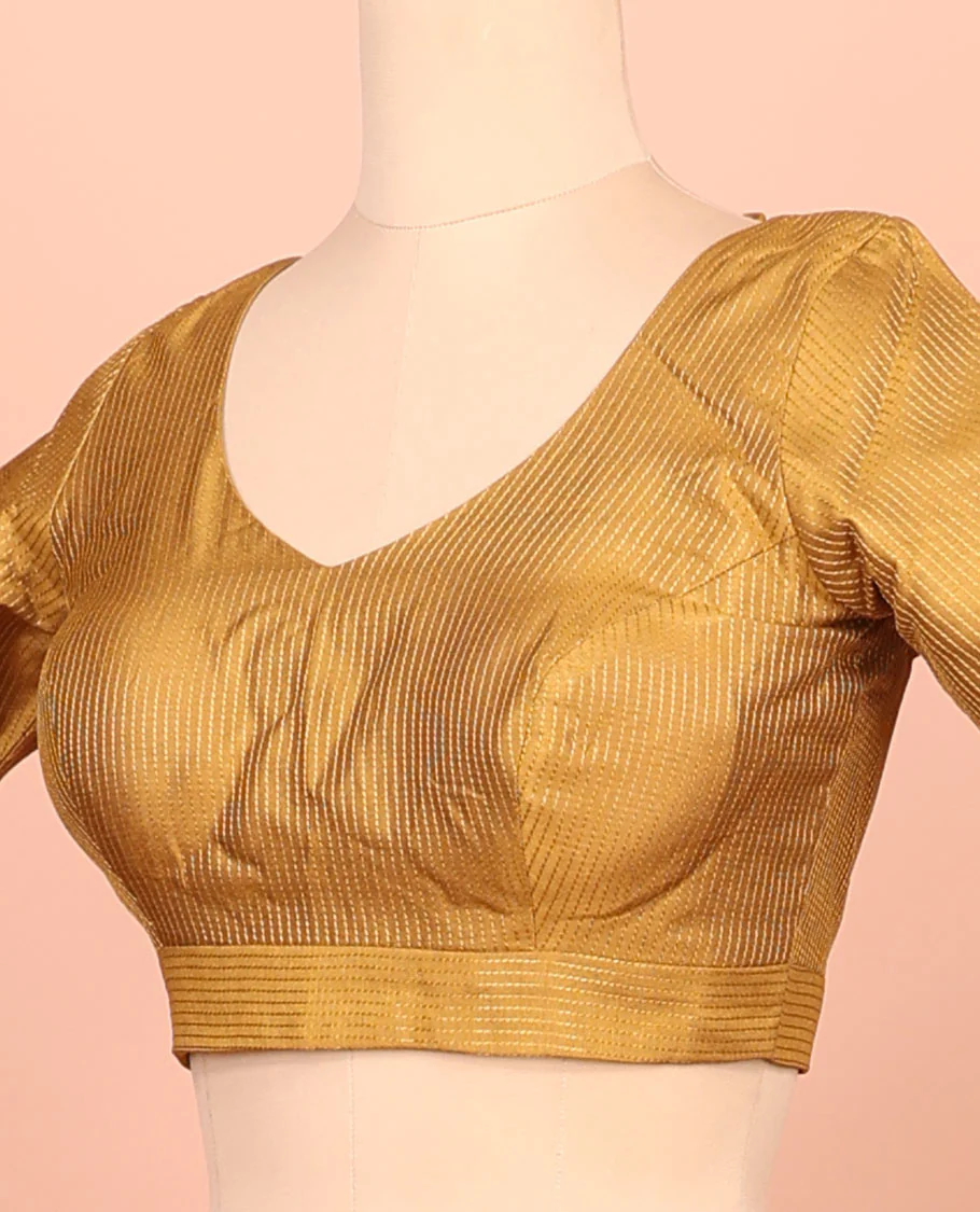Mustard thread work front-back leaf-neck elbow sleeve readymade blouse - Image 2