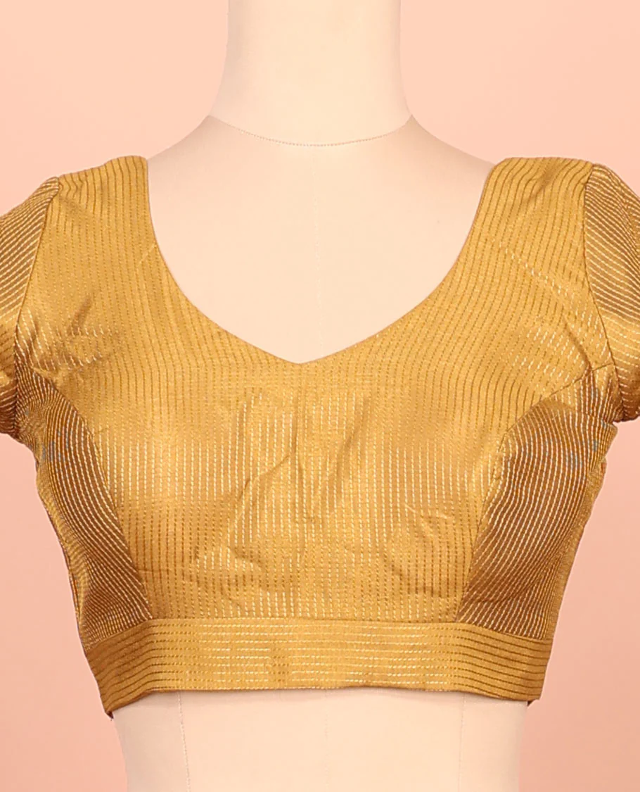 Mustard thread work front-back leaf-neck elbow sleeve readymade blouse - Image 3