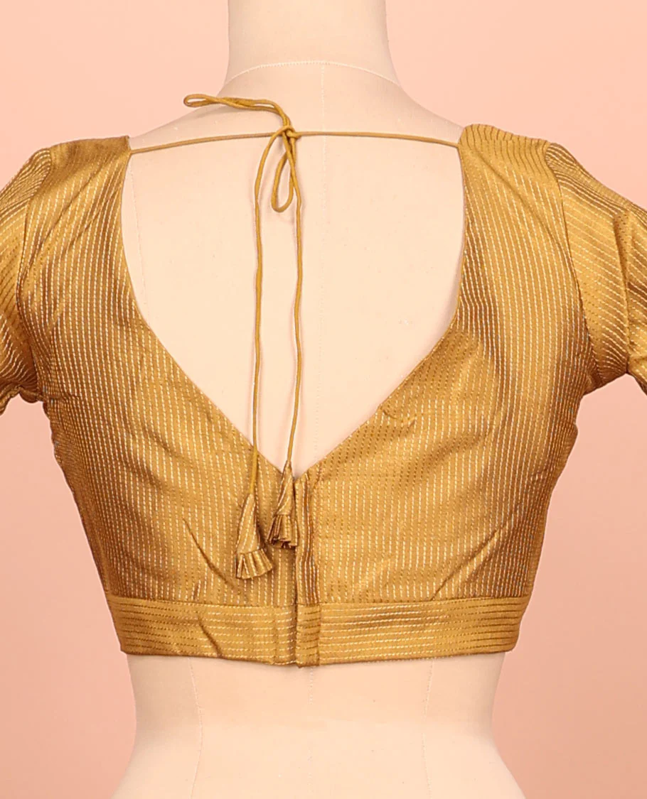 Mustard thread work front-back leaf-neck elbow sleeve readymade blouse - Image 4