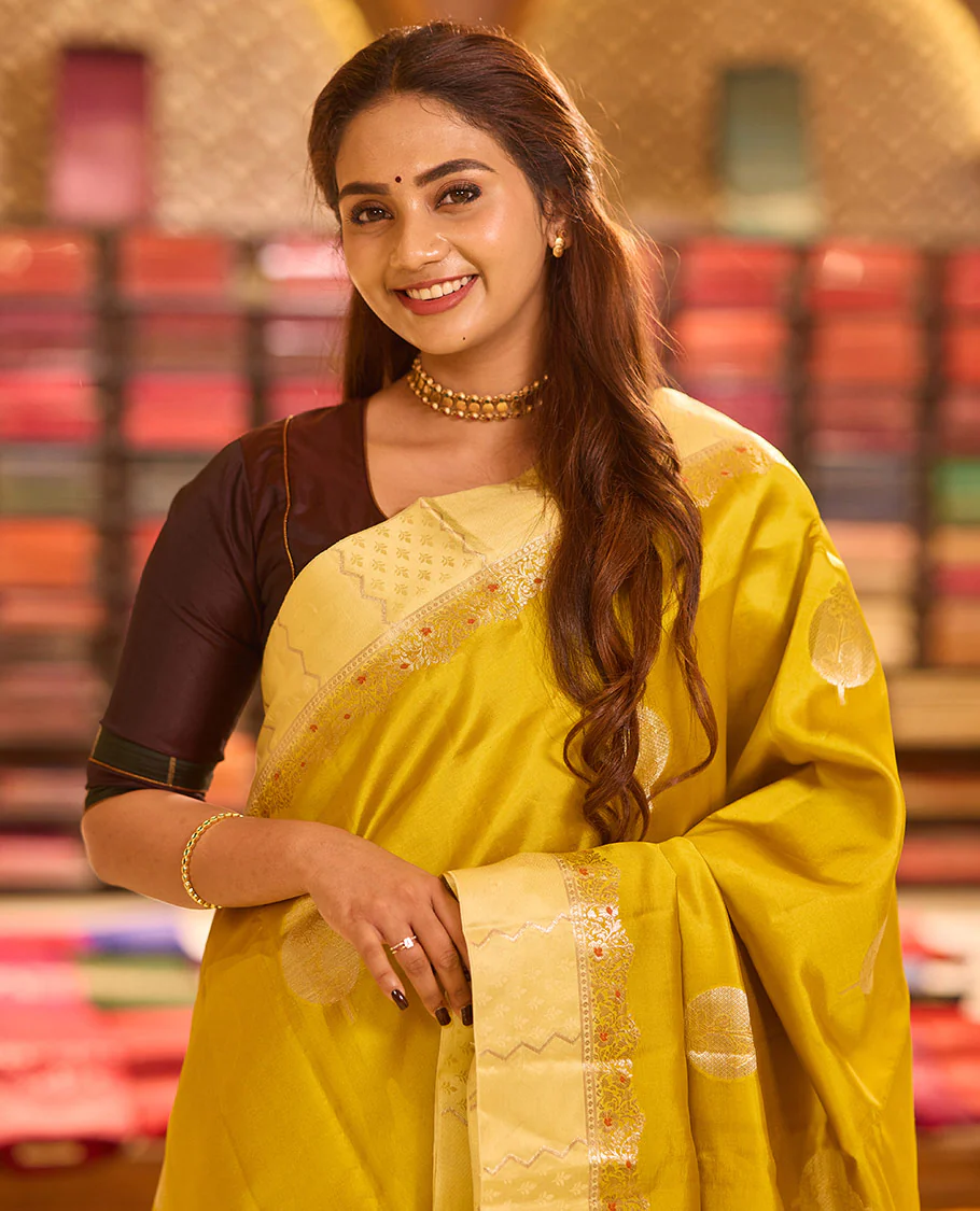 Mustard unblossomed flower-shape zari buttas raw mango silksaree,satin embossed border of meenakari zari floral vine & scallop jacquard pallu - Image 2