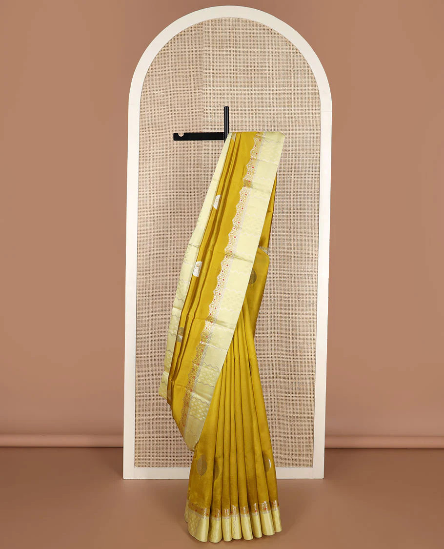 Mustard unblossomed flower-shape zari buttas raw mango silksaree,satin embossed border of meenakari zari floral vine & scallop jacquard pallu - Image 3