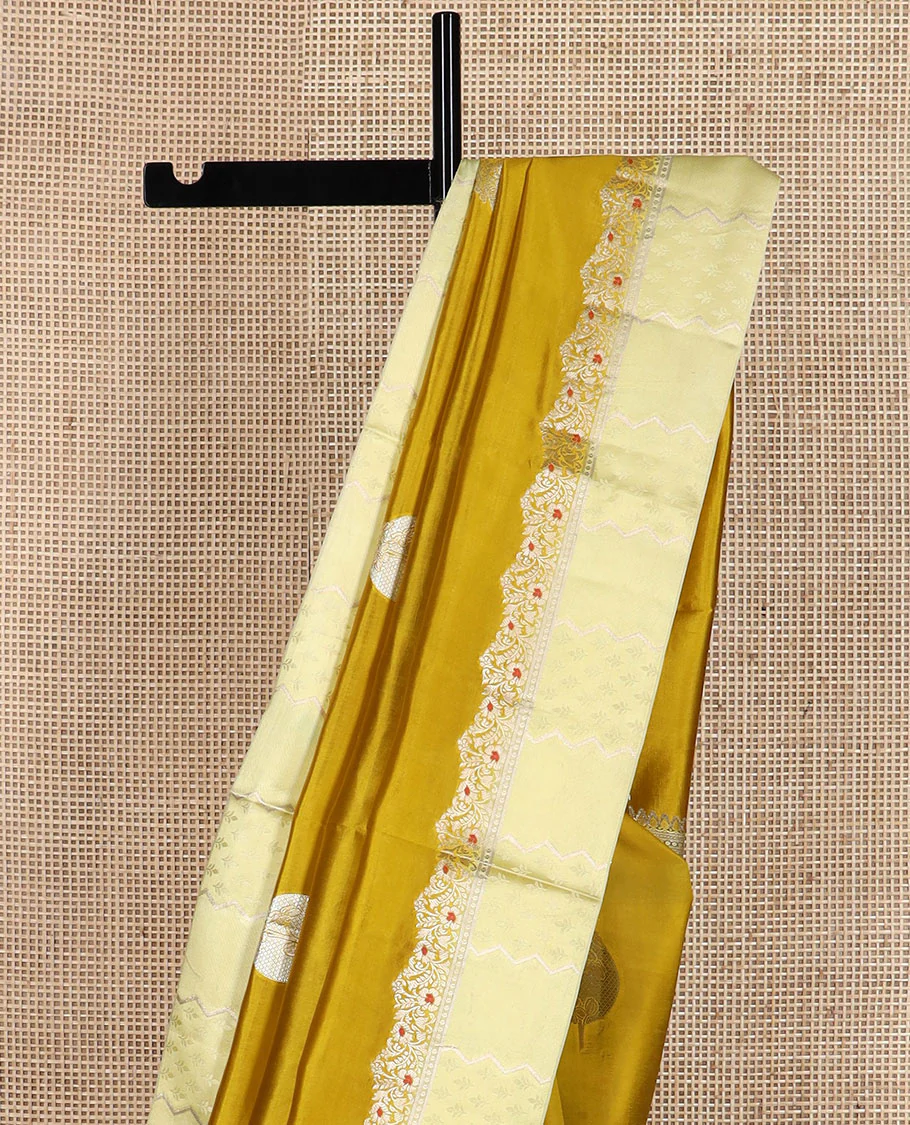 Mustard unblossomed flower-shape zari buttas raw mango silksaree,satin embossed border of meenakari zari floral vine & scallop jacquard pallu - Image 6