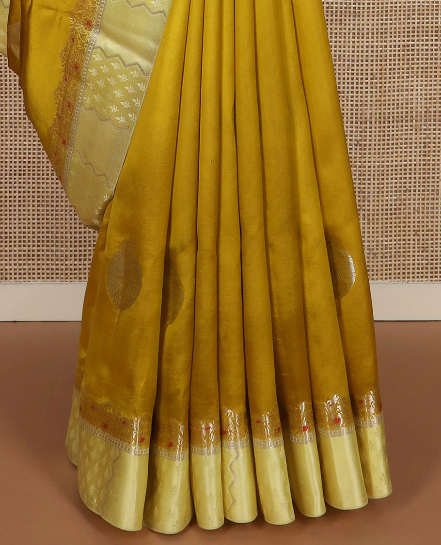 Mustard unblossomed flower-shape zari buttas raw mango silksaree,satin embossed border of meenakari zari floral vine & scallop jacquard pallu - Image 7