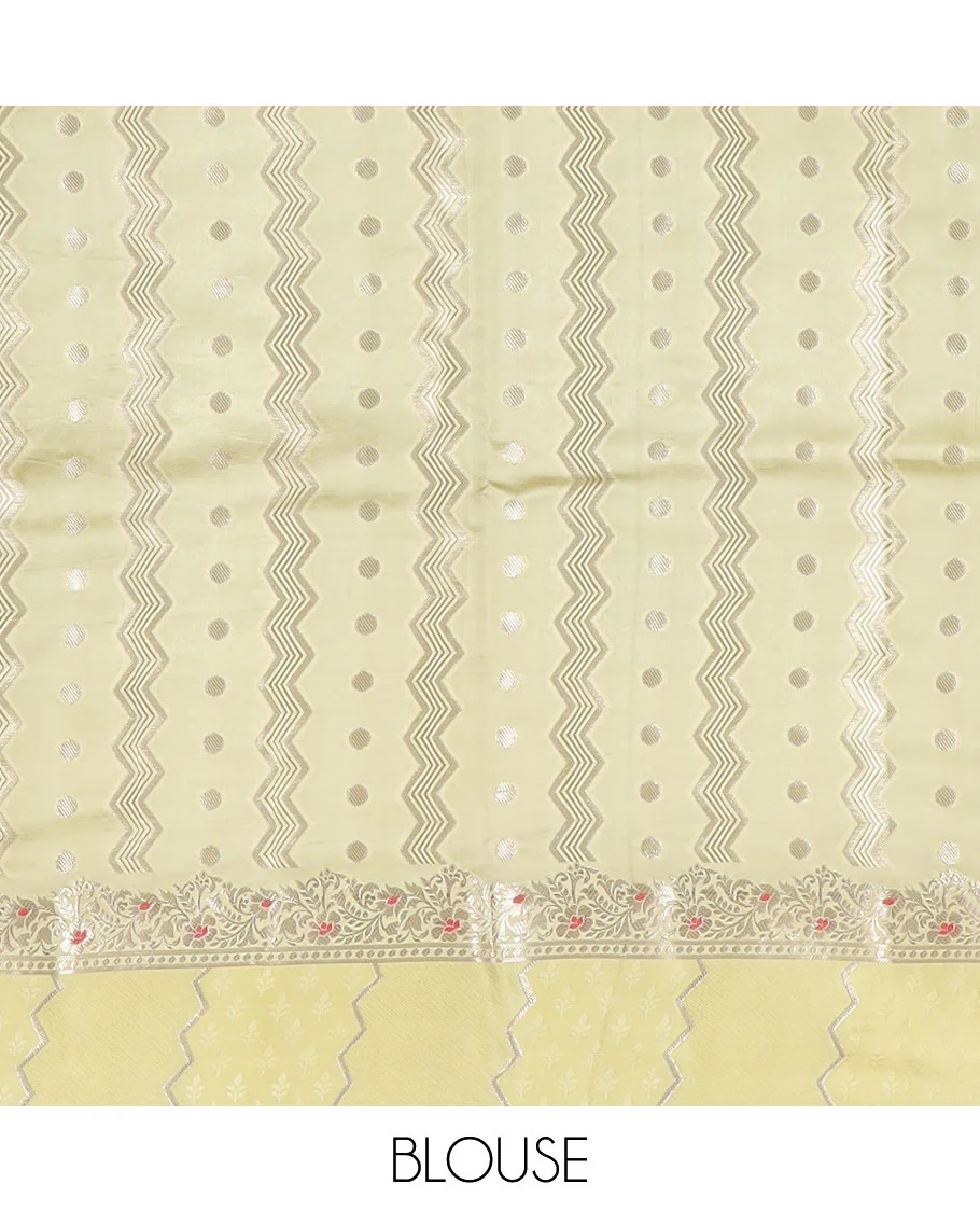 Mustard unblossomed flower-shape zari buttas raw mango silksaree,satin embossed border of meenakari zari floral vine & scallop jacquard pallu - Image 8