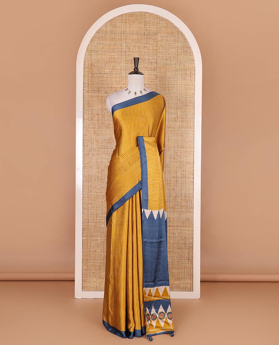 Mustard vertical striped gaji silk saree, contrast plain border, ajrakh printed pallu and contrast plain blouse - Image 2
