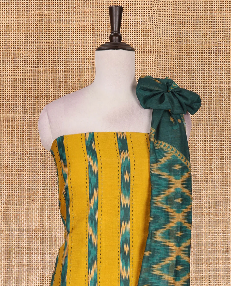 Mustard Vertican silk material chudidar set, vertical ikkat stripes, and kantha work top, contrast plain slub cotton bottom, and linen contrast ikkat printed zari border dupatta - Image 3