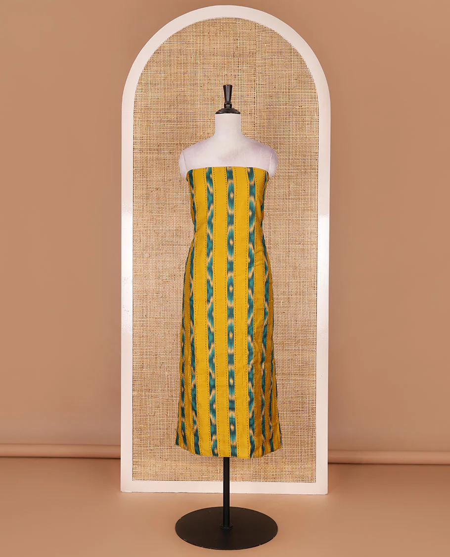 Mustard Vertican silk material chudidar set, vertical ikkat stripes, and kantha work top, contrast plain slub cotton bottom, and linen contrast ikkat printed zari border dupatta - Image 4