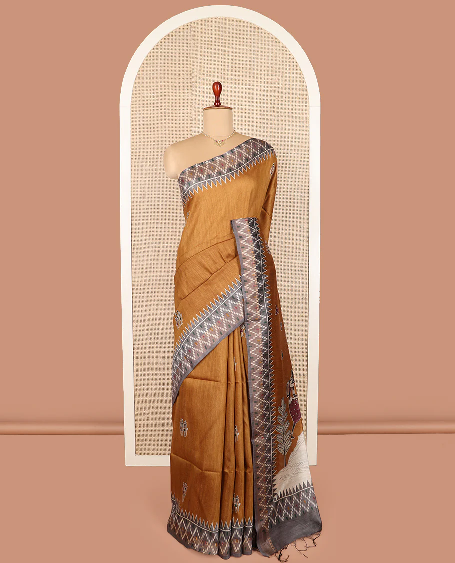 Mustard warli motifs tussar silk saree, contrast temple ikkat border, and pallu adorned with Madhubani human motifs - Image 2