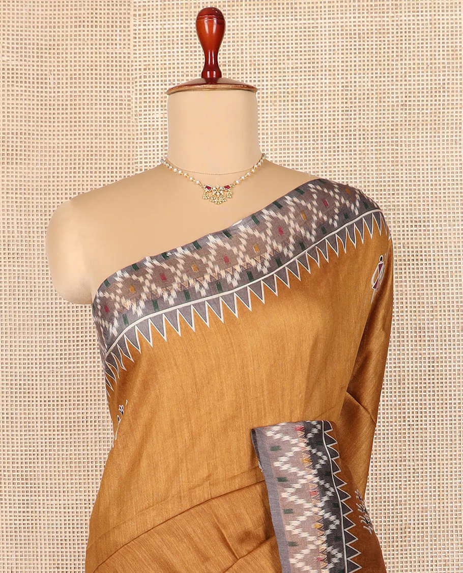 Mustard warli motifs tussar silk saree, contrast temple ikkat border, and pallu adorned with Madhubani human motifs - Image 3