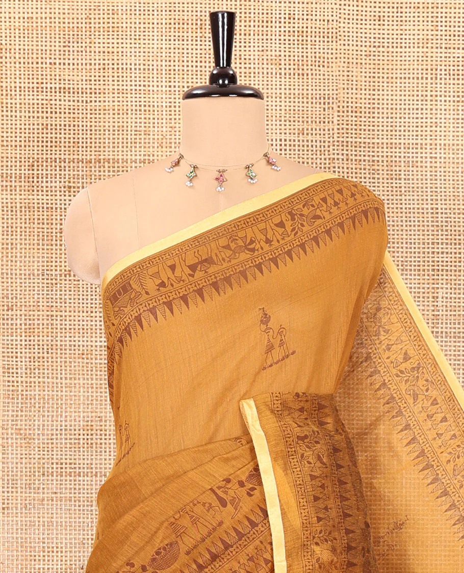 Mustard Warli-village printed khadi cotton saree, printed border, and contrast warli motifs printed pallu, and contrast plain blouse - Image 2