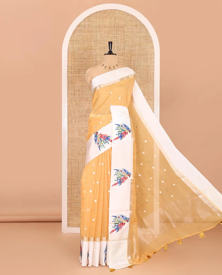 Mustard zari buttas fancy organza saree, contrast satin with small zari border of macaw parrot motifs digital print, zari pallu, and a running blouse - Image 3