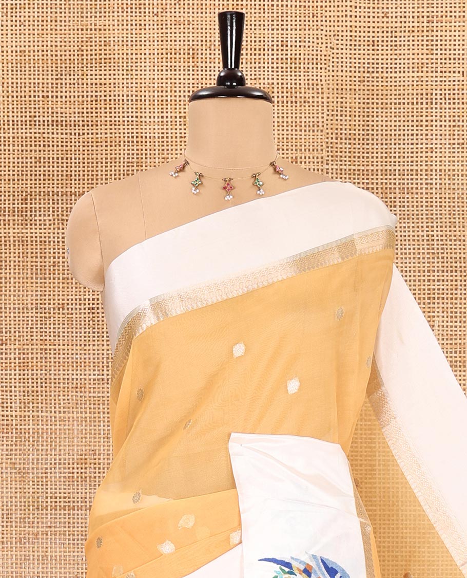 Mustard zari buttas fancy organza saree, contrast satin with small zari border of macaw parrot motifs digital print, zari pallu, and a running blouse - Image 4