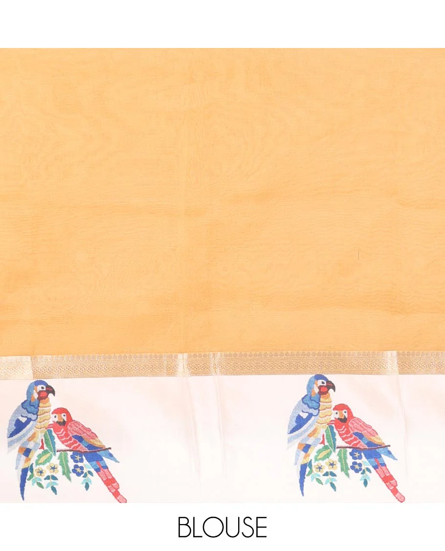 Mustard zari buttas fancy organza saree, contrast satin with small zari border of macaw parrot motifs digital print, zari pallu, and a running blouse - Image 5