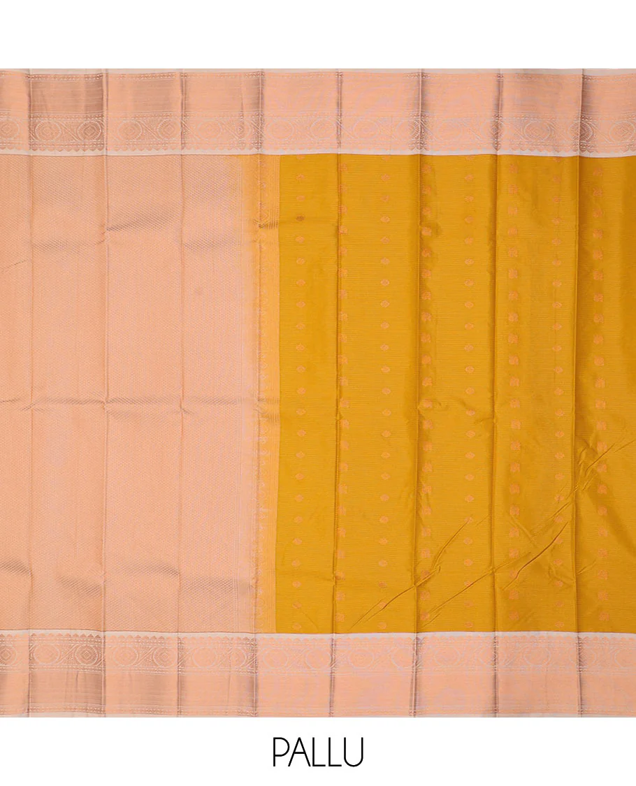 Mustard zari buttas gift saree, contrast traditional zari border of chakrams, and zari weave pallu - Image 3