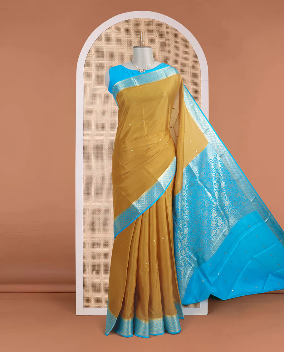 Mustard zari buttas Mysore silk saree, contrast jaal zari border, and floral jaal design zari woven pallu - Image 2