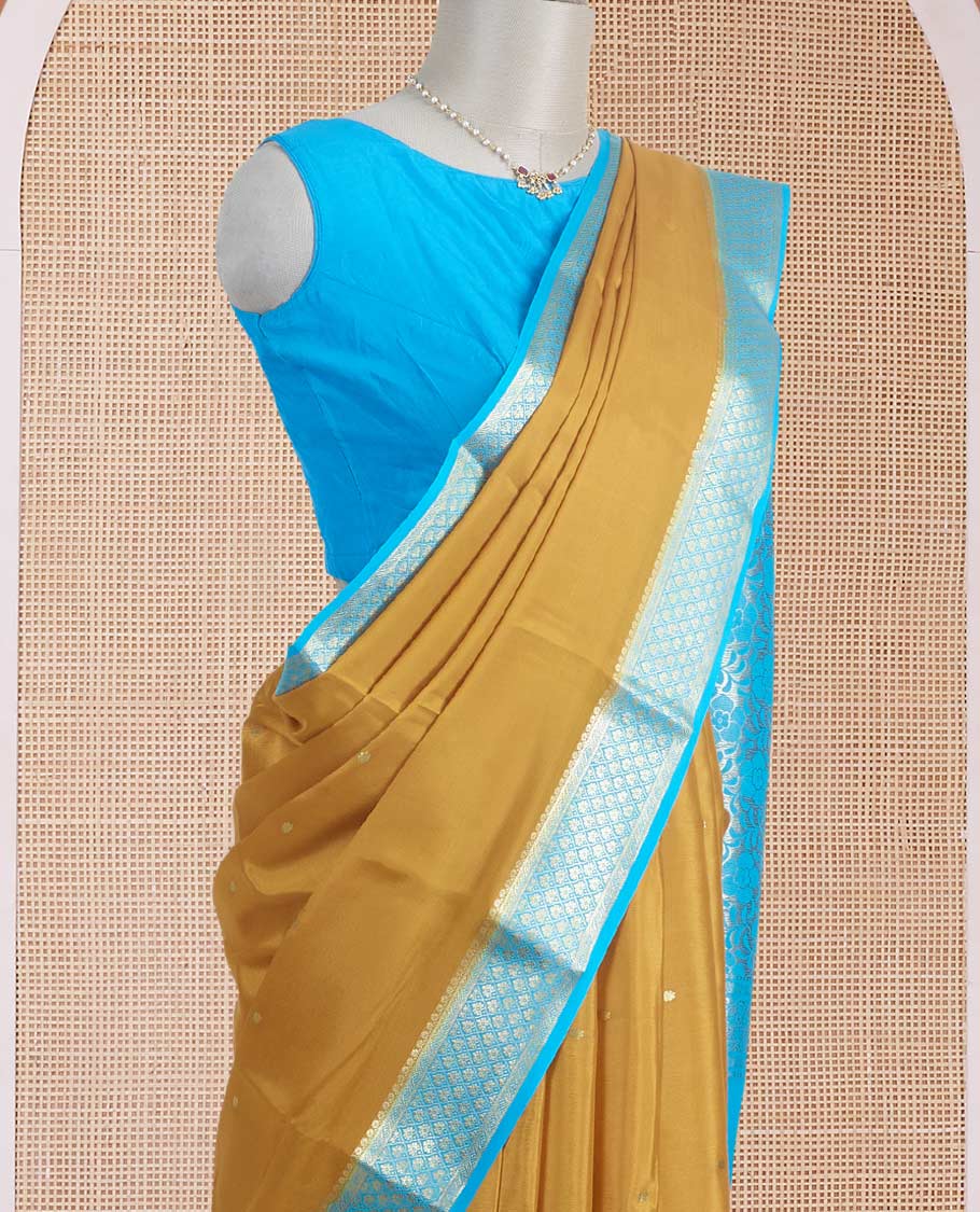 Mustard zari buttas Mysore silk saree, contrast jaal zari border, and floral jaal design zari woven pallu - Image 3