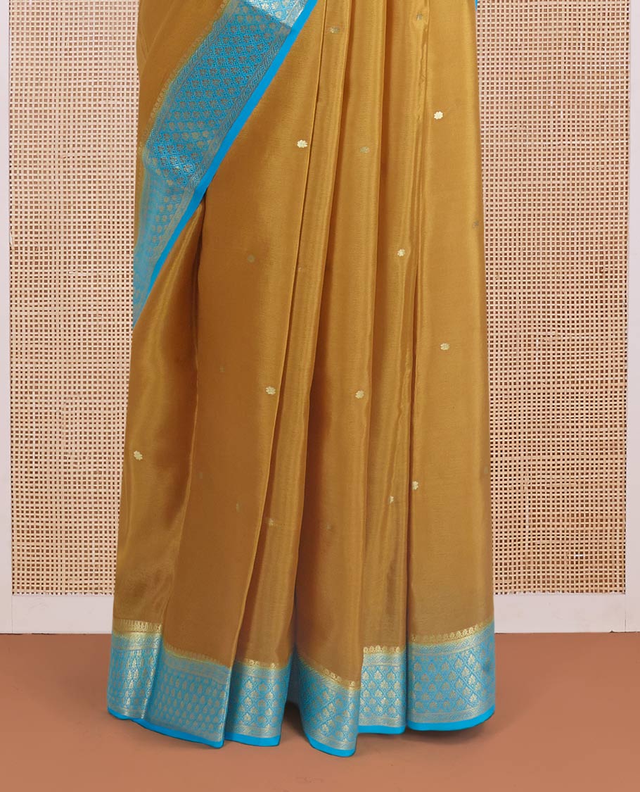 Mustard zari buttas Mysore silk saree, contrast jaal zari border, and floral jaal design zari woven pallu - Image 4