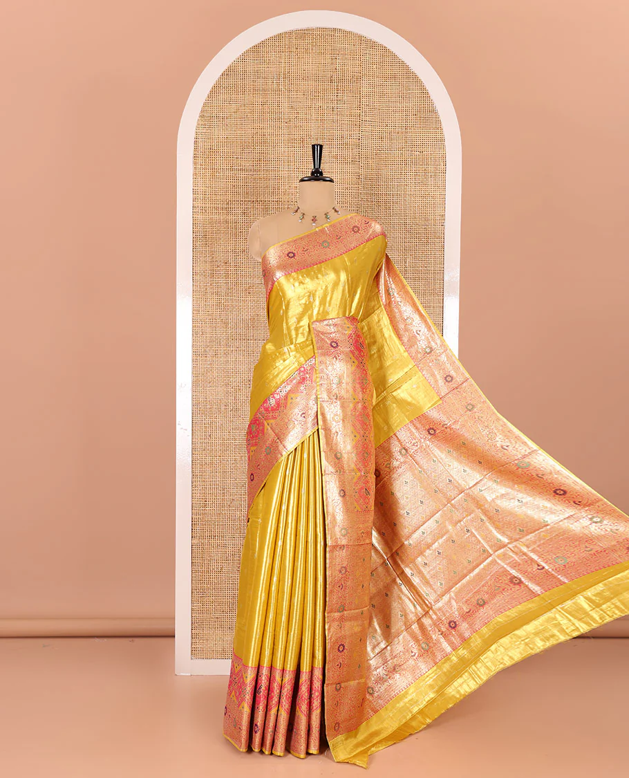 Mustard zari buttas tissue silk saree, contrast border of patola design and traditional motifs, jaal pallu, and a matching blouse - Image 4