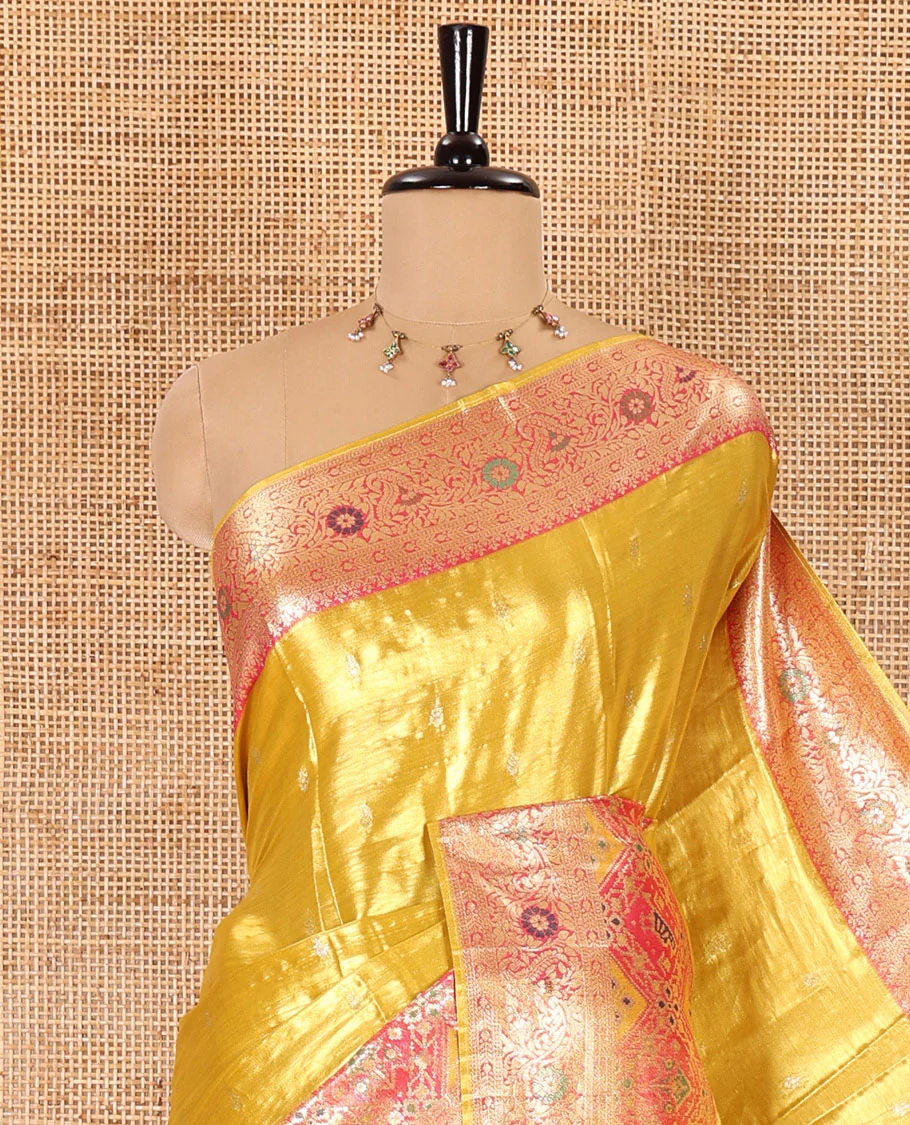 Mustard zari buttas tissue silk saree, contrast border of patola design and traditional motifs, jaal pallu, and a matching blouse - Image 5