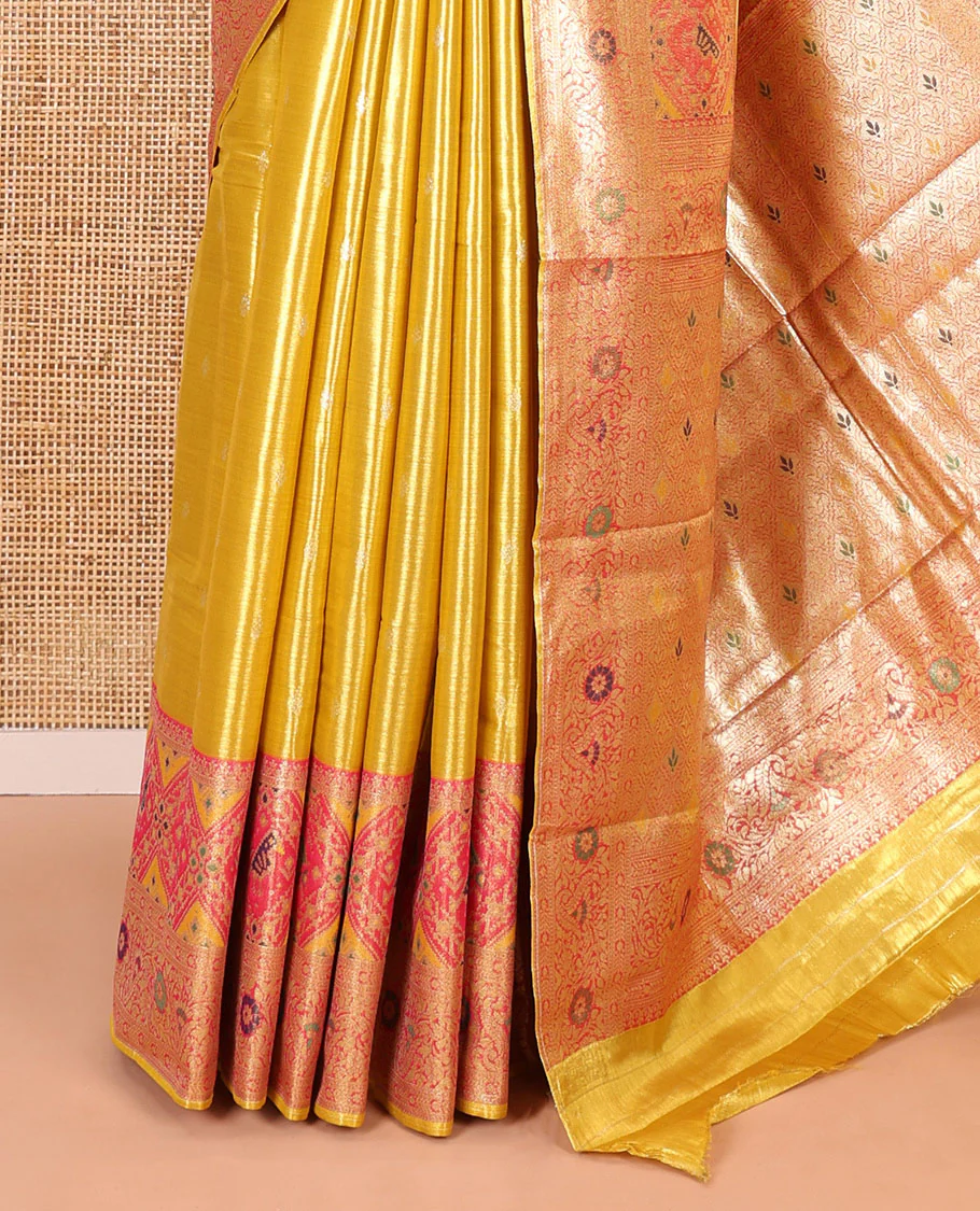 Mustard zari buttas tissue silk saree, contrast border of patola design and traditional motifs, jaal pallu, and a matching blouse - Image 6