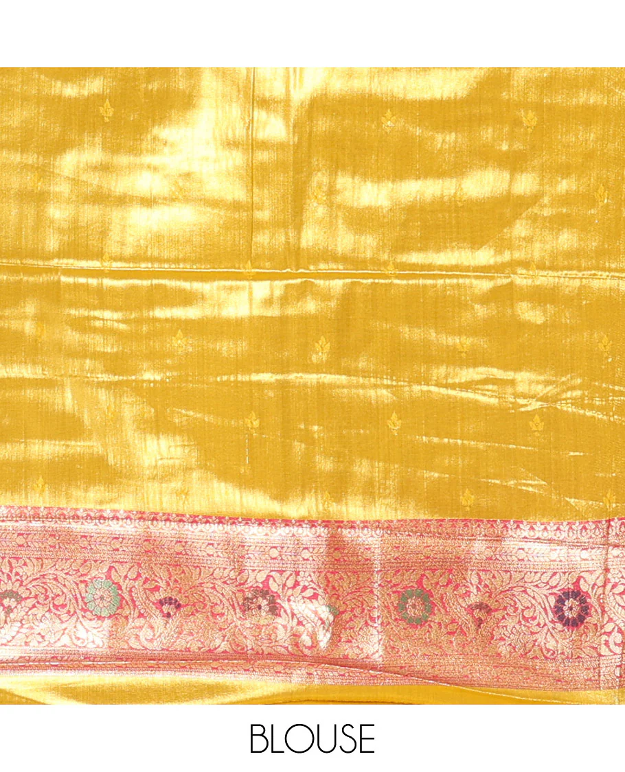 Mustard zari buttas tissue silk saree, contrast border of patola design and traditional motifs, jaal pallu, and a matching blouse - Image 7