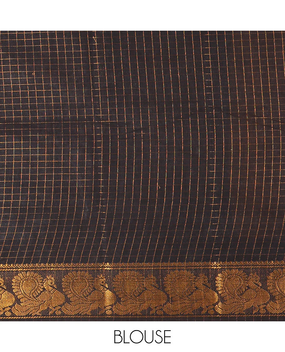 Mustard zari checked sungudi cotton saree, contrast zari border of peacock motifs, zari striped border, and a contrast blouse - Image 3
