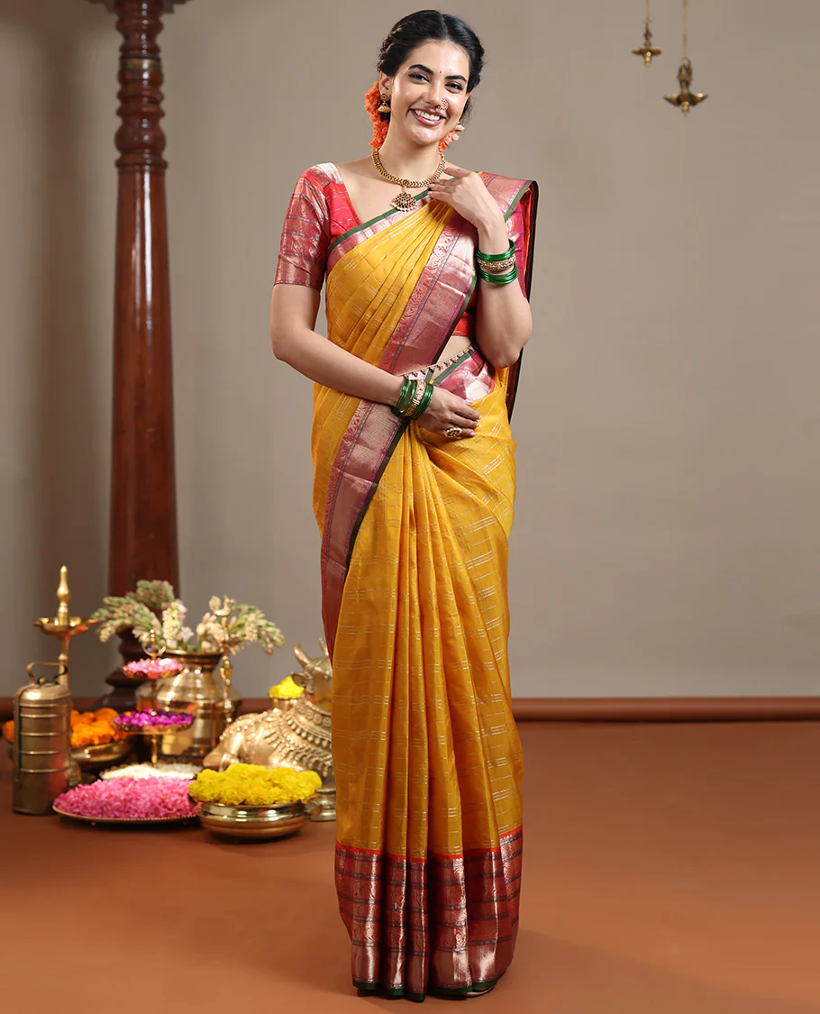 Mustard zari checked Vasundhara silk saree, contrast border of thilakam mokku, chakram, kodi yaanai, kuthirai, and mayil kann designs, intricate pallu, and zari design blouse - Image 2