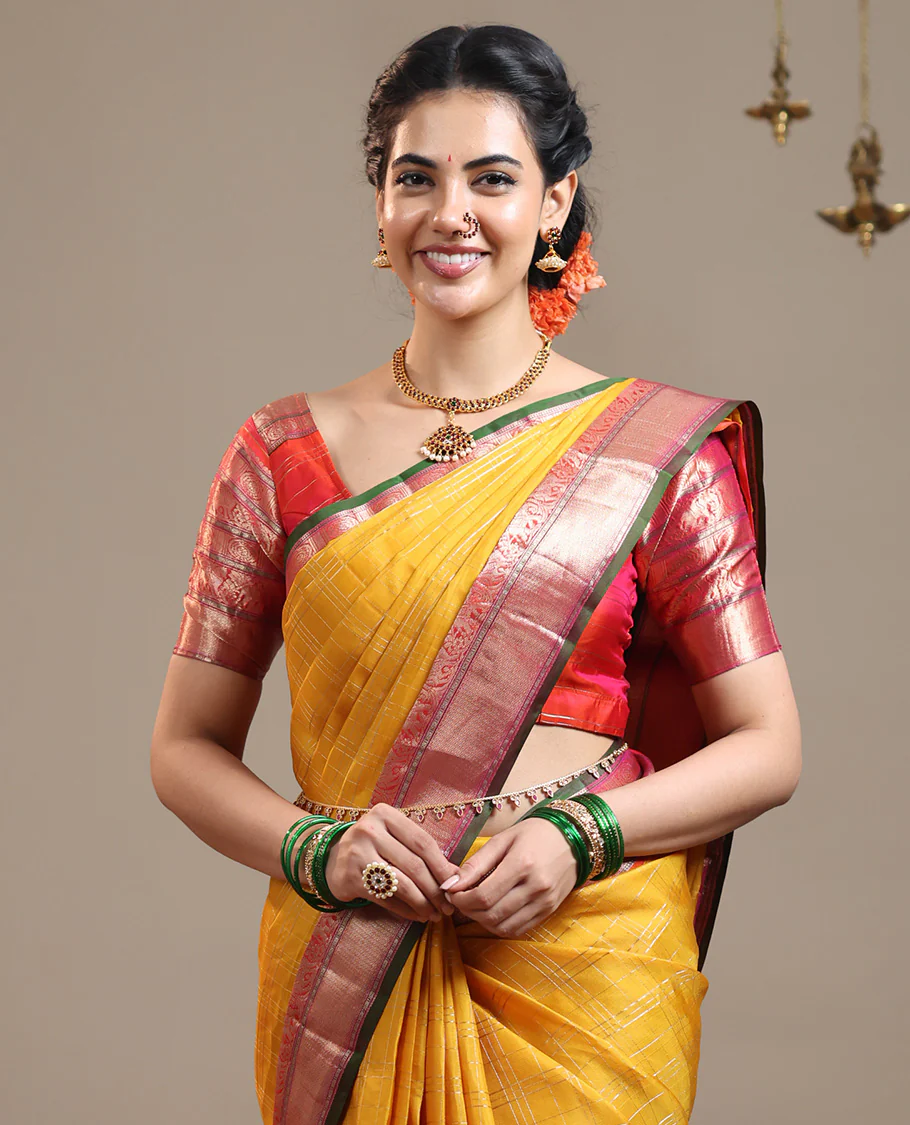 Mustard zari checked Vasundhara silk saree, contrast border of thilakam mokku, chakram, kodi yaanai, kuthirai, and mayil kann designs, intricate pallu, and zari design blouse - Image 3