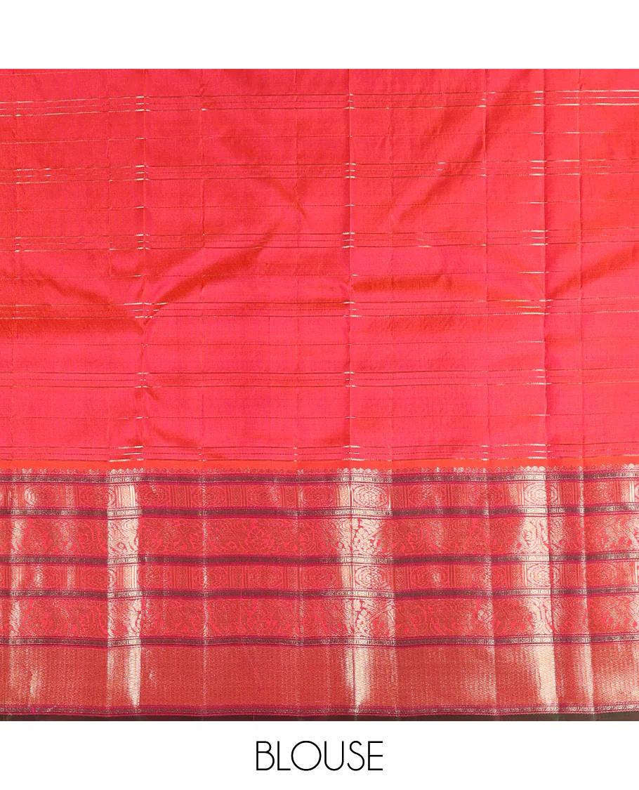 Mustard zari checked Vasundhara silk saree, contrast border of thilakam mokku, chakram, kodi yaanai, kuthirai, and mayil kann designs, intricate pallu, and zari design blouse - Image 4