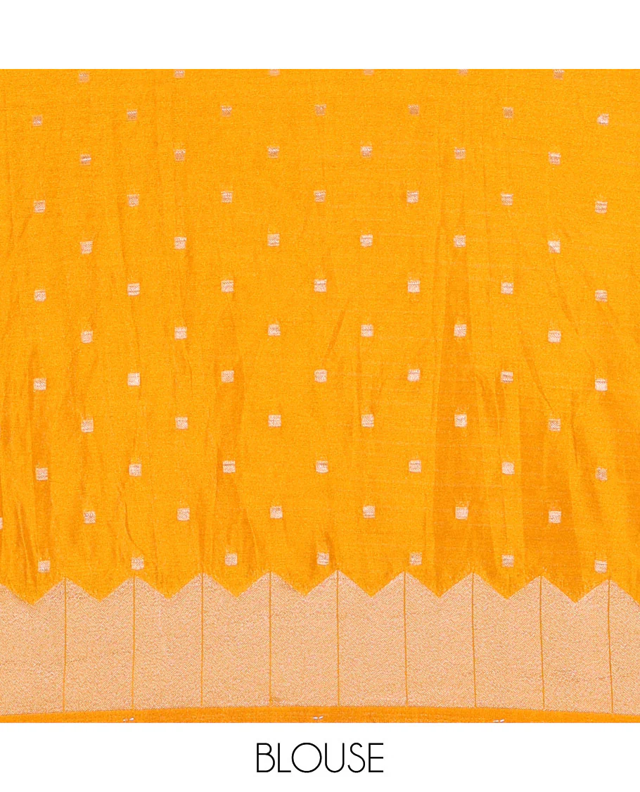 Mustard zari geometric fancy crepe saree, temple zari border, zari striped pallu, and a matching buttas woven blouse - Image 4