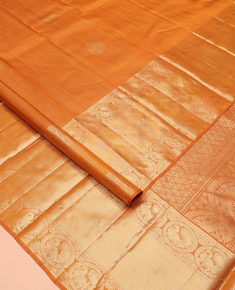Mustard zari stripes and buttas Kanchipuram silk saree,  zari border of thilakam, paisa, round mayil, and mayil kann designs, and jaal pallu - Image 2