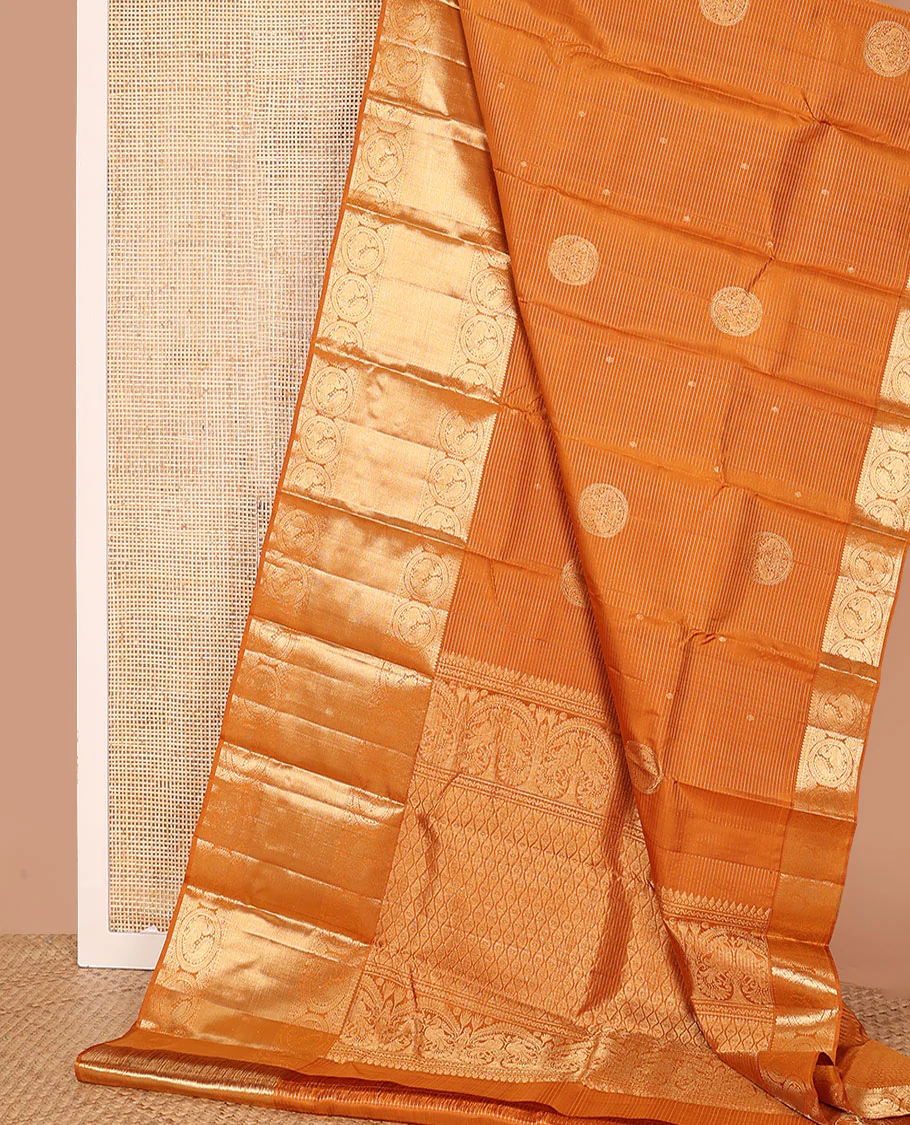 Mustard zari stripes and buttas Kanchipuram silk saree,  zari border of thilakam, paisa, round mayil, and mayil kann designs, and jaal pallu - Image 3