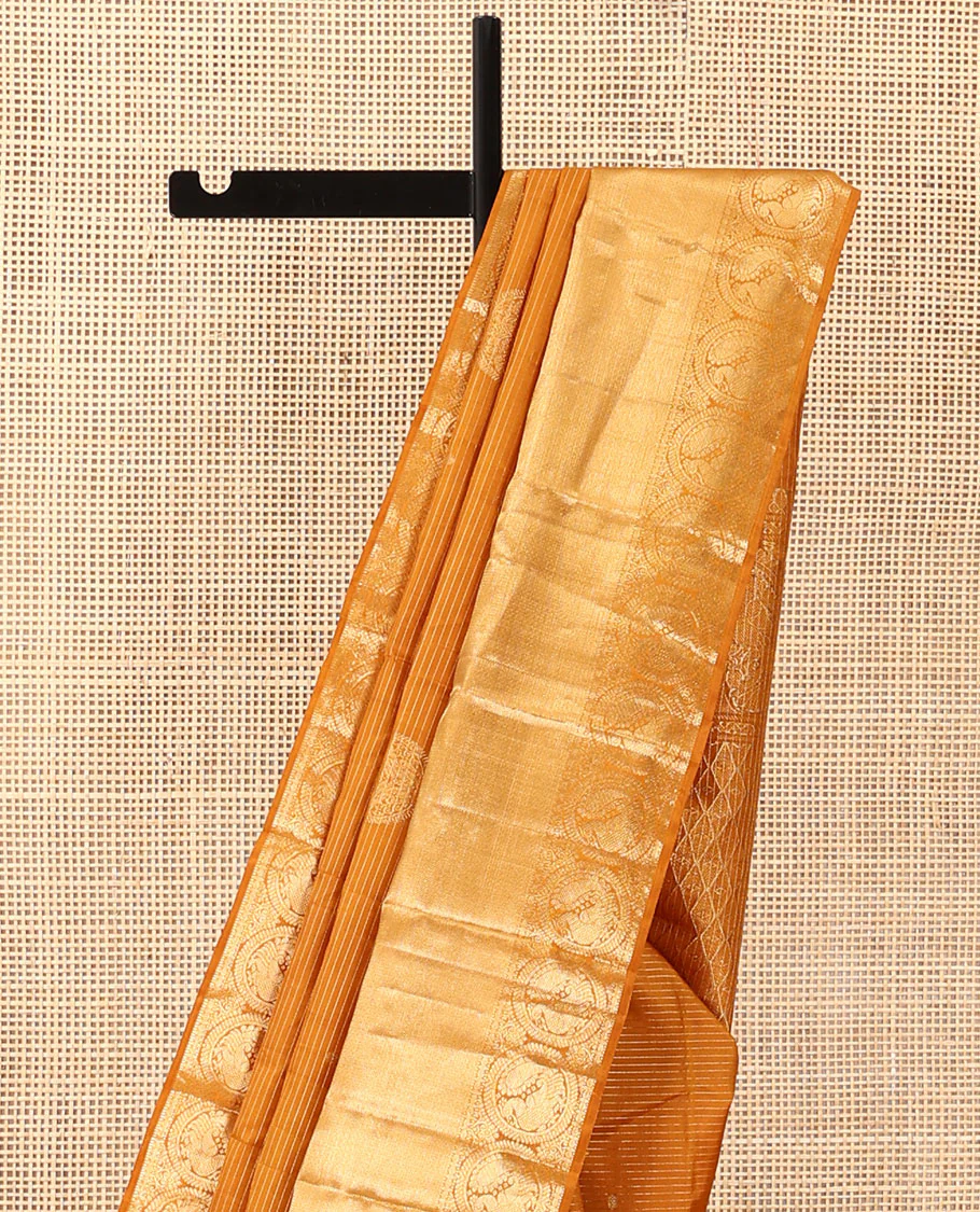 Mustard zari stripes and buttas Kanchipuram silk saree,  zari border of thilakam, paisa, round mayil, and mayil kann designs, and jaal pallu - Image 4