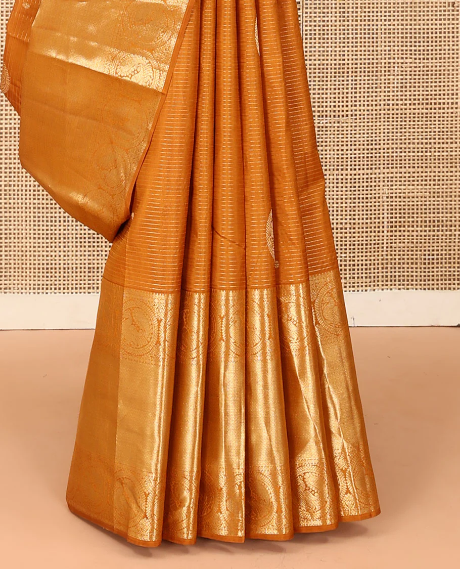 Mustard zari stripes and buttas Kanchipuram silk saree,  zari border of thilakam, paisa, round mayil, and mayil kann designs, and jaal pallu - Image 5
